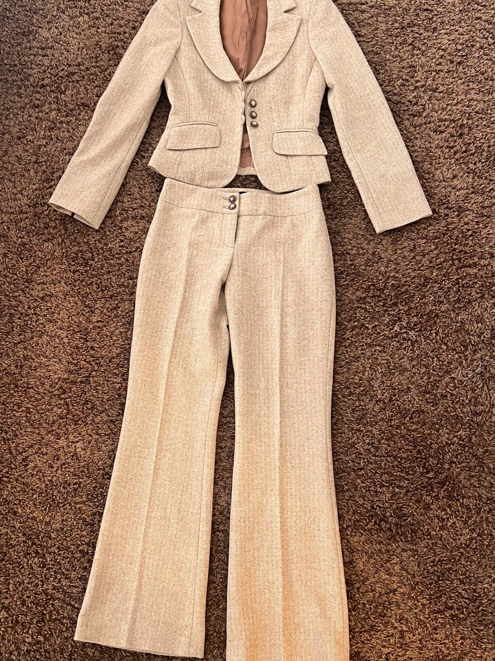 bebe Cream Tweed Pantsuit with Flared Trousers
